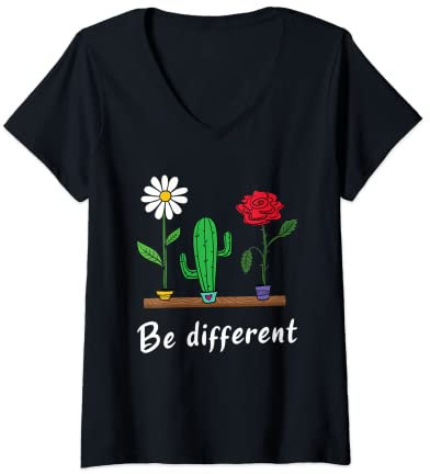 Damen Be different Sei anders Blumen und Kaktus Spruch T-Shirt mit V-Ausschnitt