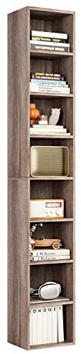 FOTOSOK 8-Tier Media Tower Rack, 11.6 X 9.3 X 70.9 Inches CD DVD Slim Storage Cabinet with Adjustable Shelves, Tall Narrow Bookcase Display Bookshelf for Home Office, Oak