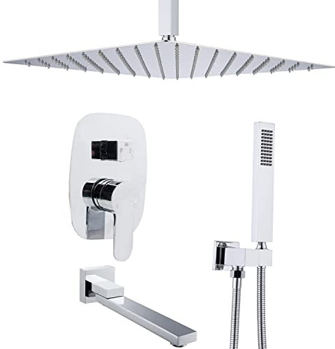Delnet Rain Shower System Concealed Chrome 16 Inch Ceiling Mounted Rainfall Shower Head System Combo Complete Shower Mixer Set