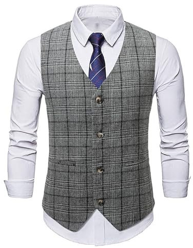 WAIDFU Herren Plaid Business Formal Dress Vest 4 Button Regular Fit Waisicoat für Anzug oder Smoking