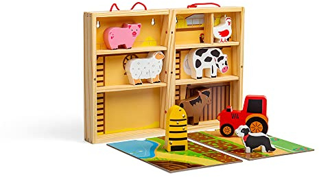 Bigjigs Toys Farm Play Box - Wooden Playset with 5 Farm Animals & 2 Fold-Out Play Mats, Portable Toy Farm Wooden Dolls House, Montessori Toys for 18 months +, Farm Set Roleplay Toy