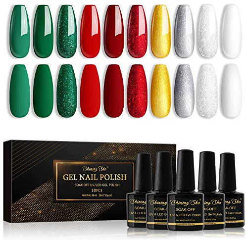Shining She Christmas Gel Nail Polish Set, 10 Colours Green Red White Gold Sliver Glitter Gel Polish Set UV/LED Manicure for Women Nail Art Salon DIY Home, 8ML
