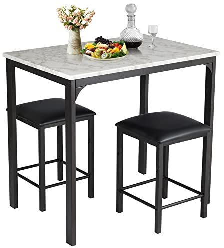 HOMASIS Esstisch Set mit Essstühlen, Bartisch Set mit 2 Barhockern, Essgruppe mit Sitzkissen & Pedale, Sitzgruppe aus Holz & Metall, Küchentisch Stehtisch für Wohnzimmer Esszimmer (Weiß)