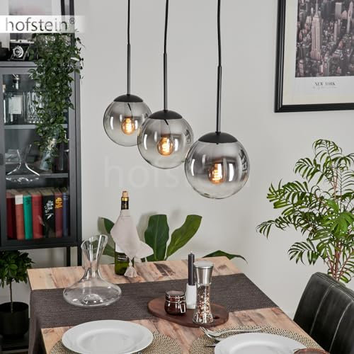 Suspension Gastor Suspension en Métal/Verre Noir/Fumé/Clair Design Vintage/Rétro avec Abat-Jours en Verre (Ø 15cm), Hauteur Max 149cm, 3x E14, Sans Ampoule