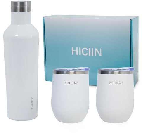 Hiciin Stainless Steel Wine Tumblers with Lid TWO 12oz & Insulated Wine bottle ONE 25oz&Gift Set with well packaged box.Keep water,wine,drinks with warm or cold (White)