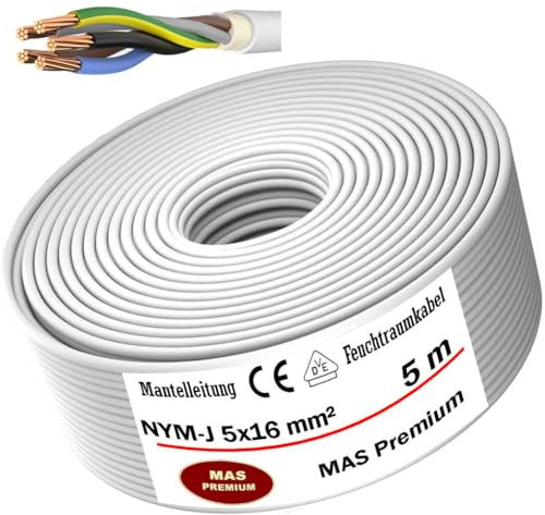 MAS Premium Feuchtraumkabel Stromkabel 5-170m Mantelleitung NYM-J 5x1,5, 2,5, 4, 6, 10 oder 16 Elektrokabel Ring für feste Verlegung (NYM-J 5x16 mm², 5m)