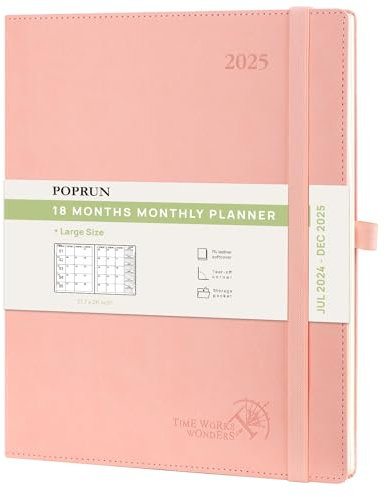 POPRUN Kalender 2025 Monatsplaner A4 (Jul.2024 - Dez.2025) - 18 Monate Monatskalender Softcover 26,5 x 21,5 cm - 1 Monat 4 Seiten, mit PU-Leder, 100 GSM Papier - Rosa