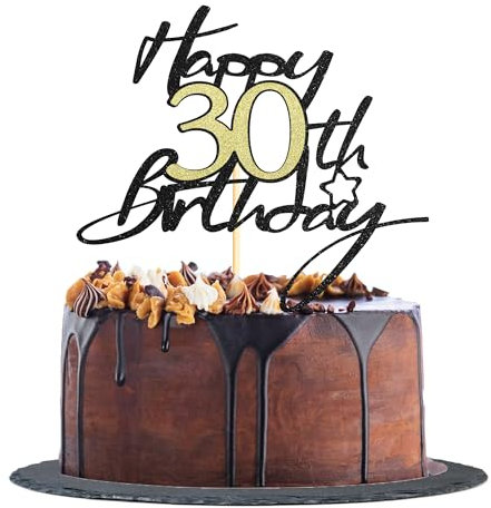 Sotpot 1 Pack 30th Birthday Cake Topper Black Gold Glitter Birthday Cake Decorations for 30th Birthday Theme Party Cake Decorations Supplies