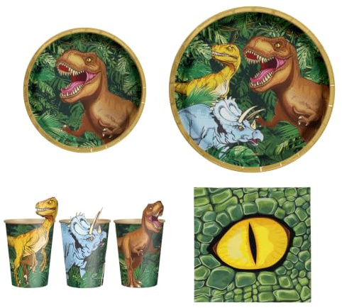 OH YEAH - Kit Vajilla Desechable Cumple Dinosaurio de Cumpleaños 6 Personas - 50 Piezas - Platos, Vasos, y Servilletas Desechables - Decoración Vajilla Cumpleaños Infantil Temático - Kit Mesa