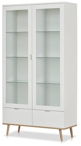 KHG Vitrine 2-türig mit Einlegeboden Scandi, Glas-Schrank aus Holzwerkstoff weiß foliert für Wohnzimmer und Esszimmer, 100 x 185 x 40 cm (B/H/T)
