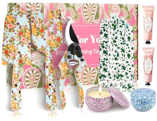 Gardening Gifts For Women, Garden Tools Set Floral Print Fork Trowel Set, Candles Gloves,3Hand Cream, Birthday Gift for 50Th 60Th 70Th Mum, Retirement, Mothers Day, Christmas (yellow green)
