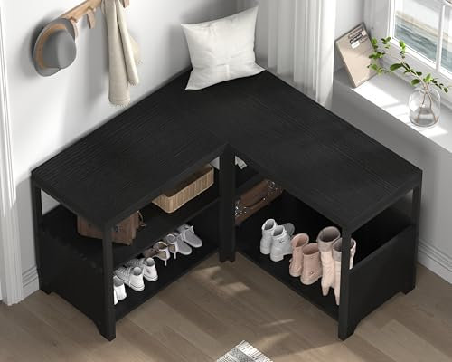 Mudmasa Sitzbank mit Stauraum Schwarz Schuhbank mit Sitzfläche L Form Holzbank mit 3 offene Fächer Eckschuhbank für Flur Eingangsbereich Schlafzimmer Wohnzimmer 35 x 145 x 53 cm (TxBxH)