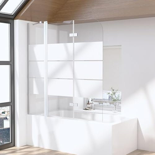 Goezes Duschwand für Badewanne 3-teilig 160x140cm Faltbar Duschabtrennung mit festem Segment, Gestreift Glas Badewannenaufsatz Duschtrennwand 6mm ESG Sicherheitsglas, Trennwand Höhe 140cm