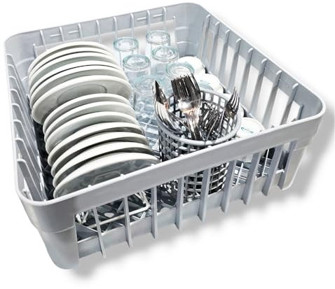Set de Cesta para vasos 35x35 con soporte para platillos y cestillo redondo para cubiertos | Cesta para lavavasos Industriales | Bandeja 35x35 para lavavajillas y lavavasos de Bares y restaurantes