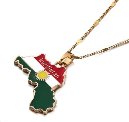 Kurdistan Gold Enamel Pendant Necklace Flag Region Map Kurdish Large Chain Jewelry, Brass
