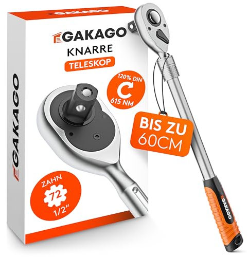 Gakago Cliquet télescopique 1/2 pouce jusqu'à 60cm - Cliquet réversible extra long avec poignée ergonomique - Une force supérieure avec plus de 615 Nm et un engrenage précis à 72 dents fines