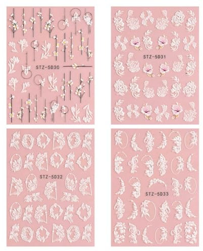 Uxsjakjsd 5D Embossed Flower Nail Art Stickers 4 Sheets Self-Adhesive Decals Floral Design Nail Decoration for Women Easy to Use