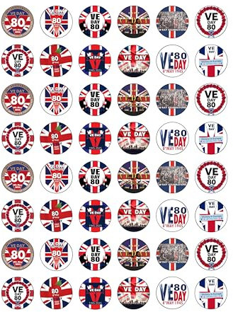48 VE Day 80 Years UNION JACK WWII WW2 Themed Edible Wafer Paper Cake Toppers Decorations - 2.5cm circles
