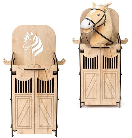 Hoofly Hobby Horse Stall - Praktisches Hobby Horse Zubehör mit Türen, Stauraum & Haken/Idealer Pferdestall Hobby Horsing Ständer 1 Pferd/Robuster Halter für 1 Hobby Horse Steckenpferd Stall Holz
