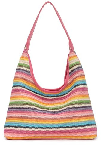 7VSTOHS Straw Shoulder Bag For Women, Large Straw Bags Weave Handmade Handle Tote Bag Durable Leather Handles Bohemian Shoulder Handbag for Beach Travel