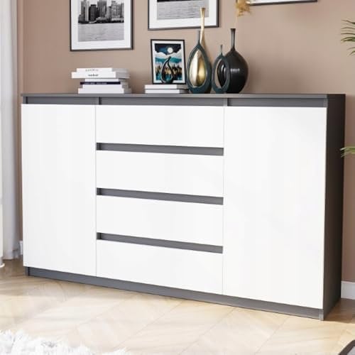 Home Collective Kommode, Sideboard Wohnzimmer, Kommode mit Schubladen | Mit 2 Türen & 4 Schubladen | Modern & geräumig | 159x40x98 cm (BxTxH) | Anthrazit Mix Weiß