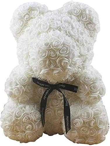Chencunquangod Orso di rose artificiali con nastro nero, 25 cm, per la decorazione della casa, regalo di San Valentino (bianco)