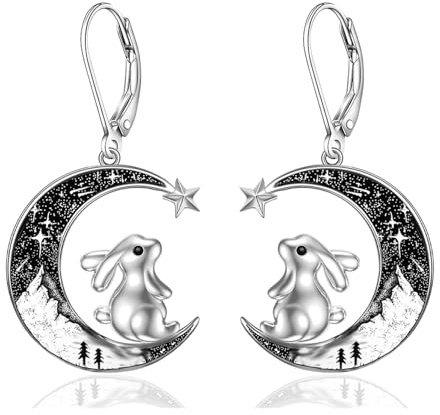 Schwarze Katze/Fledermaus/Spinne/Kürbis/Wolf/Roter Kardinal Silber 925 Damen Hängend Leverback Ohrringe Mond Tier Schmuck Geschenke für Frauen