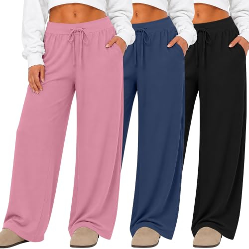 Neer Set da 3 Pantaloni Grande Taglia per Donna | Da Lounge, Pantaloni Da Yoga a Gamba Larga, Pantaloni Tuta, Comodi Donna, Ampi Jogger, Casual, Morbidi, Vita Alta, Elastici