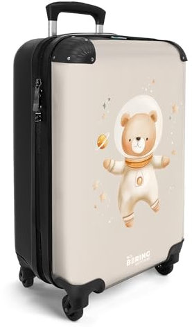 NoBoringSuitcases.com® Handgepäck Koffer Kinder 55x35x20 cm Reisekoffer Kinderkoffer mit 4 Rollen Leicht Cabin Trolley Hartschalenkoffer Flugzeug Bär - Weltraum - Sterne - Beige