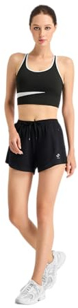 VS VARIOSPORTS Kurze Damen Laufshorts 2-in-1 mit Innenhose & Handy Seitentasche, Kurze atmungsaktive Laufhose, Antirutsch schwarz