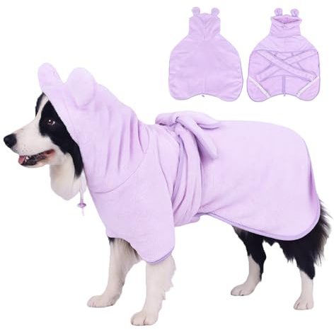 Super saugfähiger Hunde-Bademantel, Ananas, weich, schnell trocknend, verstellbarer Trockenmantel für nach dem Baden mit Kapuze, Korallensamt, Violett, Größe L