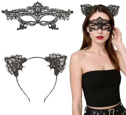 EAVUYIS 2er Set Katzenohren Haarreif und Katzenmaske für Frauen Maskerade Masken Katzenkostüm Valentinstag Halloween Party