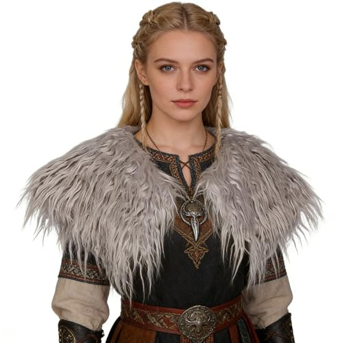 Niuhong Damen Viking Kunstfell Kragen Künstlicher Pelzkragen Mädchen Wikinger Fell Schulter Pelzschal Faux Schal Tuch Mittelalterlicher Kostüm Accessoires Halloween Karneval Cosplay Thema Party