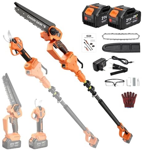 Cordless Electric Pole Saw,8 Cordless Chainsaw & Electric Pruning Shears | 2×21V 4.0Ah Batteries,15ft Reach Pole,Brushless Motor, Auto-Oiling for Tree Trimming & High Garden Branches