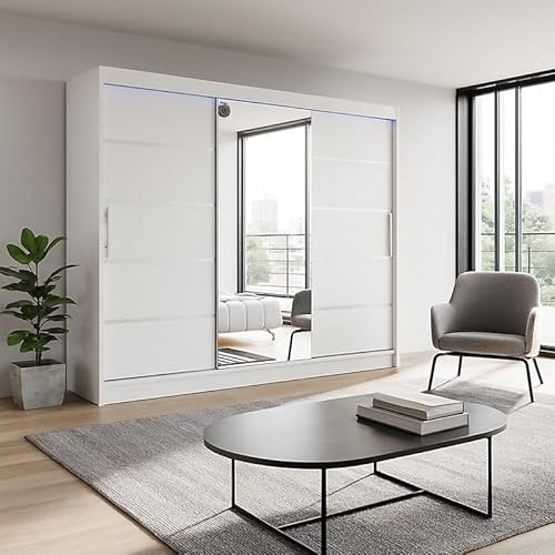 Agritrade AK Sliding Door Wardrobe with Mirror - Modern Bedroom Storage, Hanging Rails & Shelves, Durable Laminated Board, Smooth Sliding System - ASTON VI
