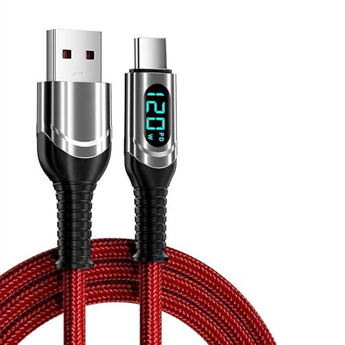HFSAZJ 120W6A USB to Type-C Data Cable with Fast Charging, Type C Cable with LED Digital Display, Intelligent Power-off and Overcharge Prevention for Phone (red 1m)