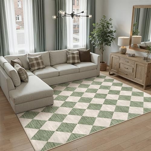 PureCozy Teppich 160x230cm Grün Waschbar Moderne Kariert | Moderner Karo Teppiche,Waschbar,Rutschfest,Weich,Kurzflor,für Wohnzimmer,Schlafzimmer,Esszimmer,Büro