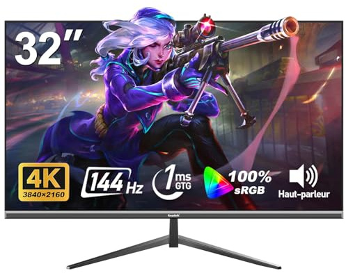 Gawfolk Écran PC IPS 32 pouces, moniteur jeu 4K 144Hz, 1ms, Adaptive Sync, 100%sRGB, Angle vision large 178, haut-parleur incorporé, HDMI2.1, DP 1.4, Compatible avec un montage mural 100*100mm-Noir