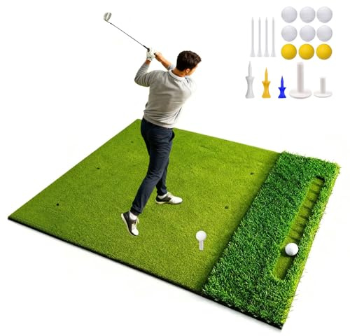 150 x 120 cm golfövningsmatta, med 40 mm grov och 16 mm fairwaygräs, 10 mm EVA-fodral, dubbel tee- och chippingområde, inkl. 9 bollar och peggar, extra tjock premium golfövningsmatta