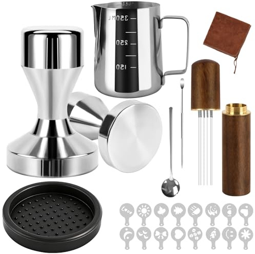 Vicloon 51mm Coffee Tamper Set, 23 PCS Coffee Accessories Barista Set with Espresso Tamper, 16 Decorative Stencils, Milk Jug, Coffee Stirrer, Tamper Mat, Latte Art Pen, Barista Towel