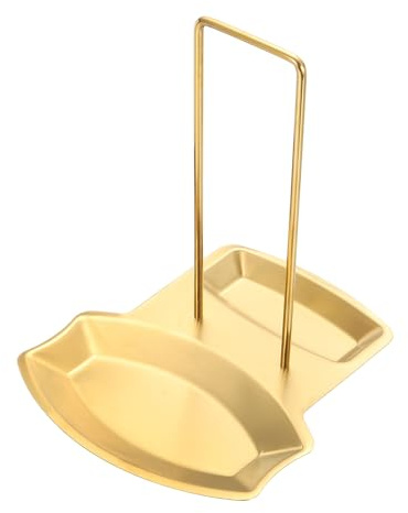 sourcing map Lid and Spoon Rest Shelf, Stainless Steel Pot Lid & Pan Shelf Kitchen Utensil Holder Pot Cover Stand with Drip Tray and Screw for Cooking, Restaurants Home Kitchen Use, Gold