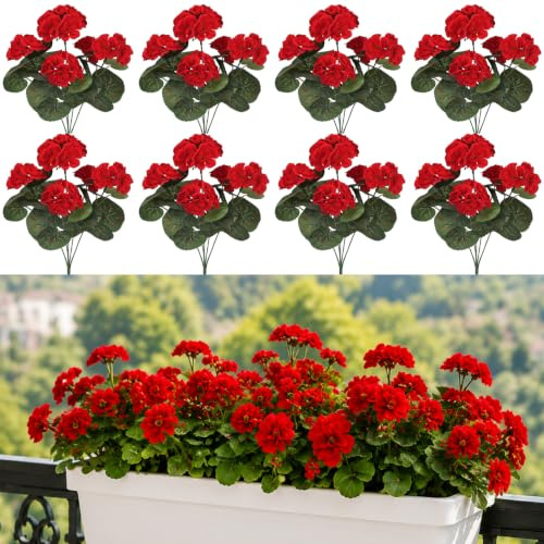 8 Pcs Fiori Artificiali, Gerani Finti Rosso, Sembrano Veri Decorativo Fiori Artificiali, Resistenti Raggi UV Intemperie, Esterno Balcone Patio Cimitero Sospensione Fioriere Decorazione Tavolo