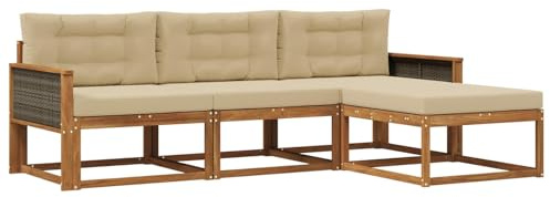 Qnhdfrt Outdoor Lounge Set aus massivem Akazienholz, 4-teiliges Gartensofa mit Kissen in Beige, Modulare Eckcouch und Sitzgruppe für Garten, Terrasse und Balkon