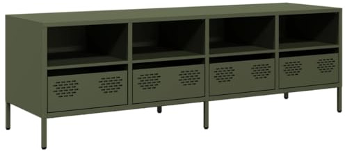 Générique Mobile TV verde oliva 135 x 39 x 43,5 cm acciaio laminato a freddo | 4 scomparti, 4 cassetti, gambe regolabili, facile da pulire, stile industriale