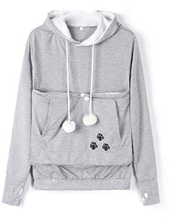 Inlefen Frauen Hoodie Sweatshirt Herbst und Winter Lange Ärmel Große Tasche Hoodie Pullover Kordelzug Grau M