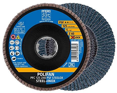 PFERD Fächerscheibe POLIFAN, 125mm, Z40, X-LOCK (22,23 mm), PSF STEELOX, 67664126 – für hohe Wirtschaftlichkeit durch aggressive Zerspanung bei guter Standzeit - 10er Pack