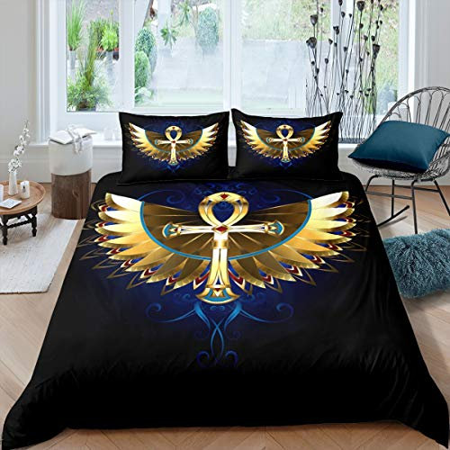 Loussiesd Altes Ägypten Bettbezug Set Golden Wings Bettwäsche Set 135x200cm Ägypten Kultur Betten Set Für Kinder Erwachsene Tribal Egyptian Gold Schwarz Zimmer Dekor 2St