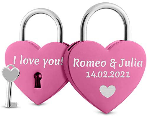 Herz Liebesschloss mit Gravur und Schlüssel - herzförmiges Schloss mit Motiv, Namen und Datum (Rosa)