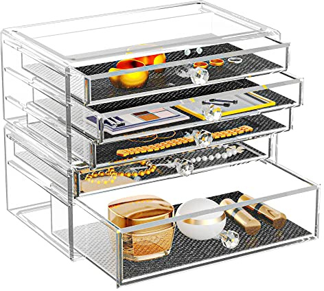 Acryl Make-up Organizer mit Schubladen, 2-stöckiger Kosmetik Organizer stapelbar, transparente Aufbewahrungsbox mit 5 Schubladen für Schmuck, Lippenstift, Pinsel, Hautpflege, Bad und Schminktisch (5)