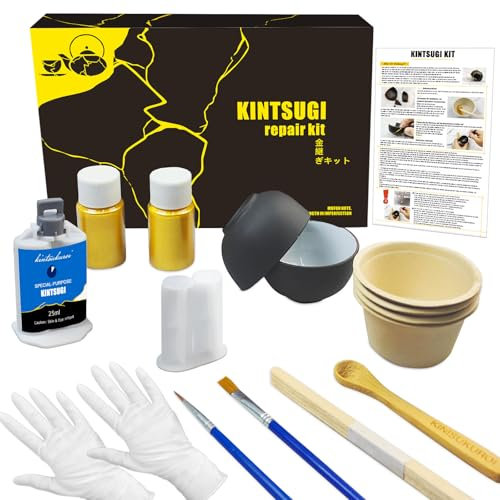 Kintsukuroi Reparaturset, Sie Ihre sinnvolle Keramik mit Goldpulverkleber, kommt mit zwei Übungspraxis-Keramikbechern für Anfänger